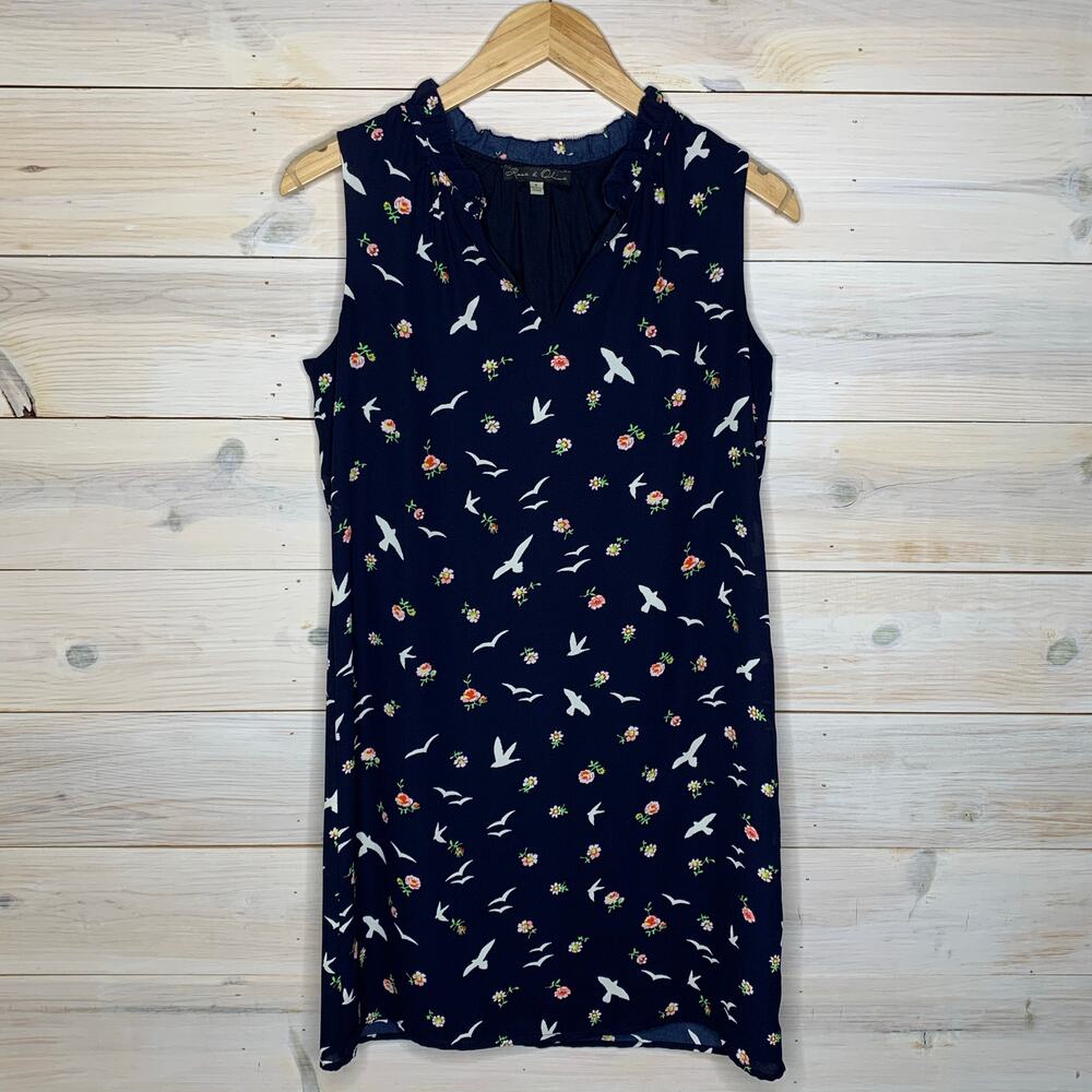 Rose & Olive Dress Womens Size 2 Blue Bird & Floral Print Sleeveless Shift